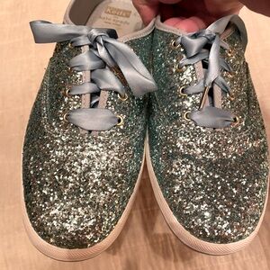 Kate Spade for Keds teal-blue glitter sneakers.